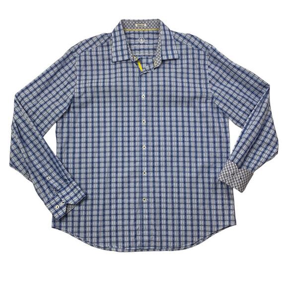 Bugatchi Uomo Shirt Navy Blue XL Checked Cotton Flip Cuff Button Up Shaped Fit - Picture 1 of 12